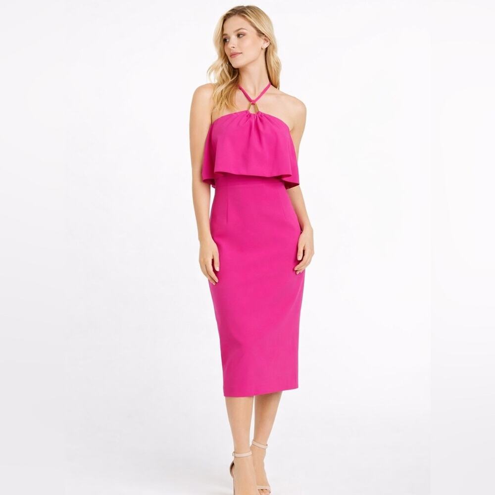 NWT Trina Turk Soozy Dress Pink Strapless Ruffle Halter Midi Size 4 Party Resort